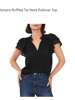 STATE Black Ruffled Tie-Neck Eyelet Blouse